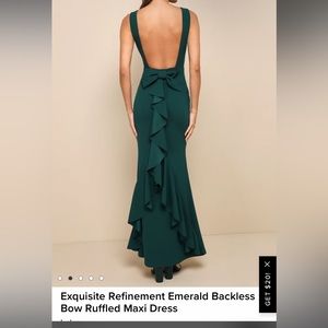 Lulu’s Exquisite Refinement Emerald Backless Bow Ruffled Emerald Maxi Dress